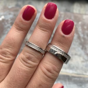 Matching ladies and gents lattice detail wedding rings