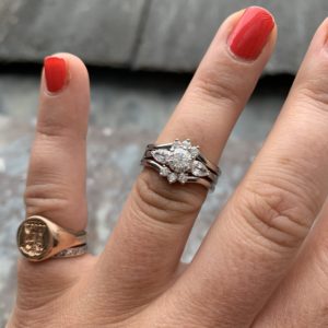 Diamond engagement ring with double diamond wedding ring
