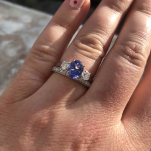 Sapphire and diamond trilogy with matching diamond wedding ring