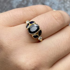 Sapphire and diamond leaf design ring