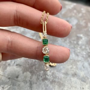 Emerald and old cut diamond bar pendant remodelled from an unworn brooch