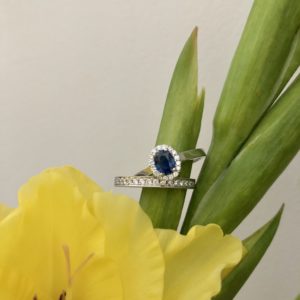 Sapphire and diamond halo with diamond wedding ring